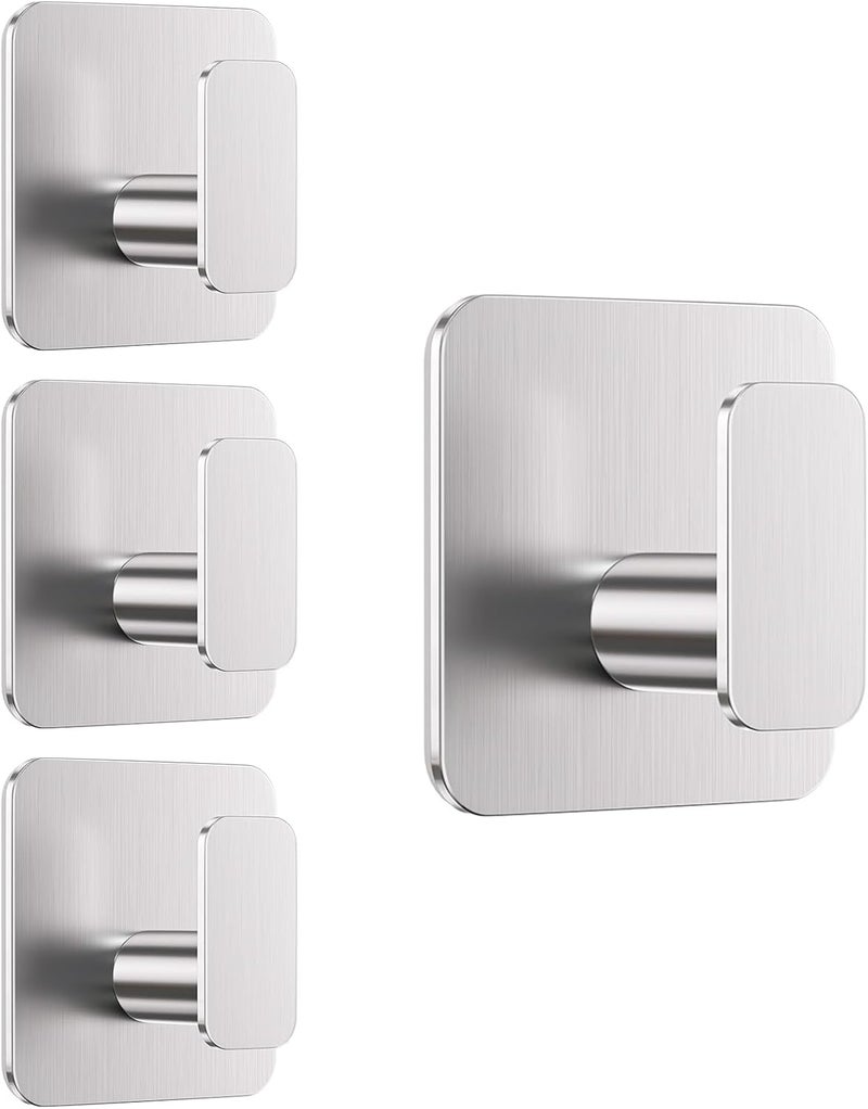 Aikzik Silver Hooks for Hanging Heavy Duty, Adhesive Hooks for Shower, Bathroom, Kitchen, Robe, Towel, Coat, Waterproof & Rustproof Hook for Walls No Damage, Sticky Wall Towel Hooks - 4 Pack - Image 1